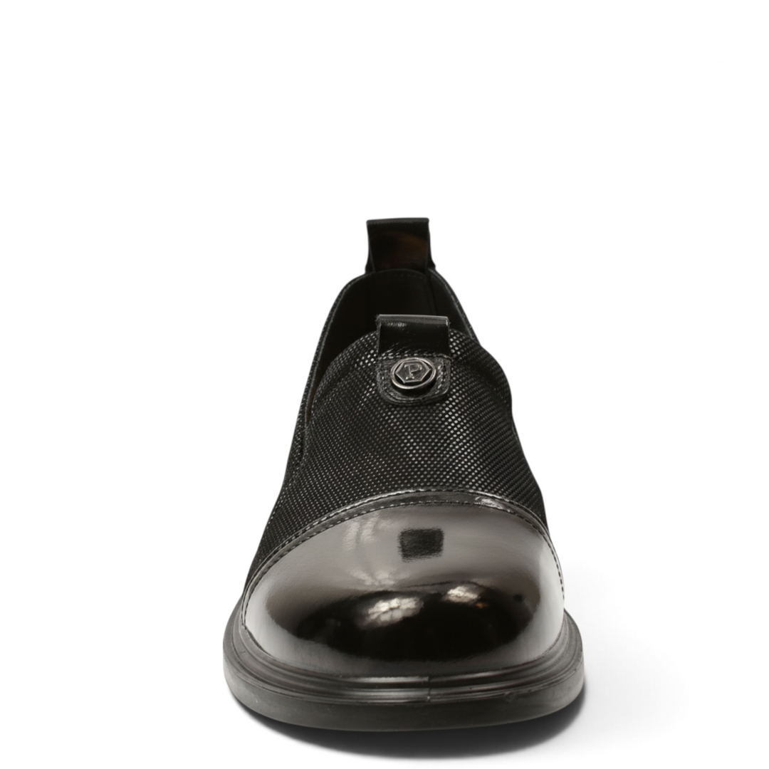 ada-shoes.ro Pass Collection black casual slip-on shoes with a patent leather toe cap and textured fabric upper