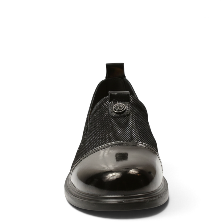 ada-shoes.ro Pass Collection black casual slip-on shoes with a patent leather toe cap and textured fabric upper
