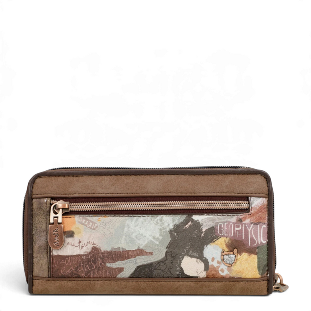 ada-shoes.ro Anekke clutch wallet in brown faux leather with The Beat of the Earth collection print and zip pocket
