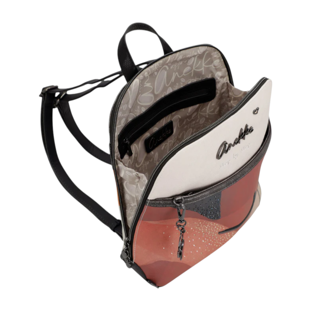ada-shoes.ro Anekke casual brown faux leather backpack with open zippered compartments and patterned interior lining