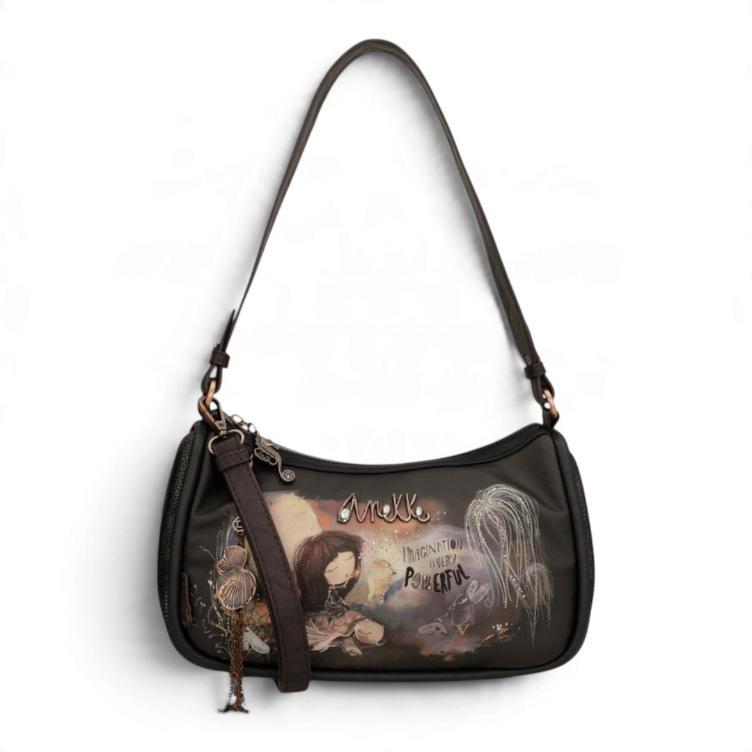 ada-shoes.ro Anekke Dreamverse hobo bag in metallic brown and charcoal with artistic print and vintage metal charm