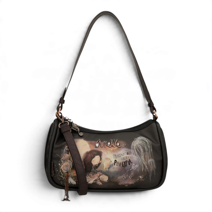 ada-shoes.ro Anekke Dreamverse hobo bag in metallic brown and charcoal with artistic print and vintage metal charm