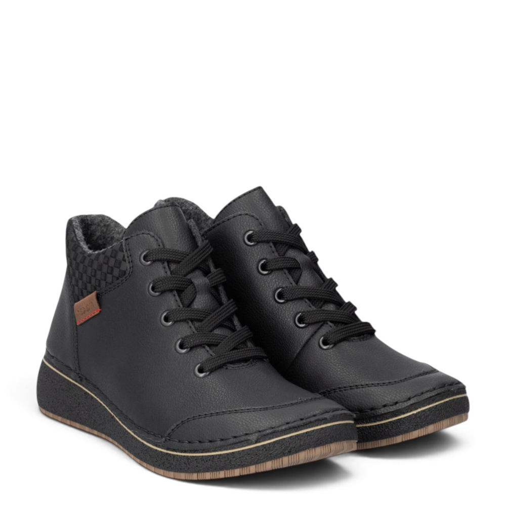 ada-shoes.ro Rieker Antistress black synthetic leather ankle boots with lace-up closure and checkered collar detail