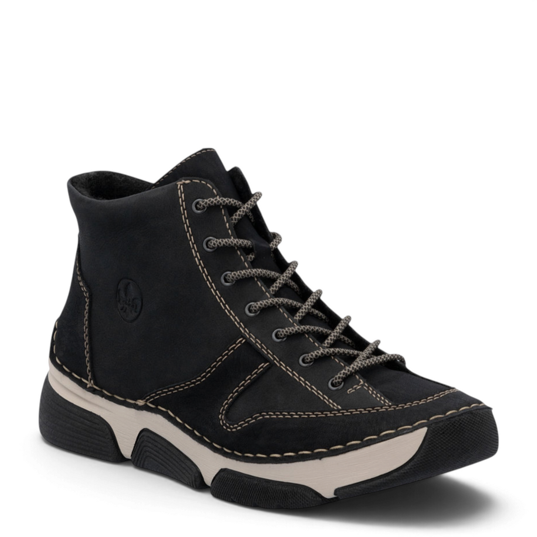 ada-shoes.ro Rieker black nubuck leather casual ankle boots with cream contrast stitching and flexible bicolor sole