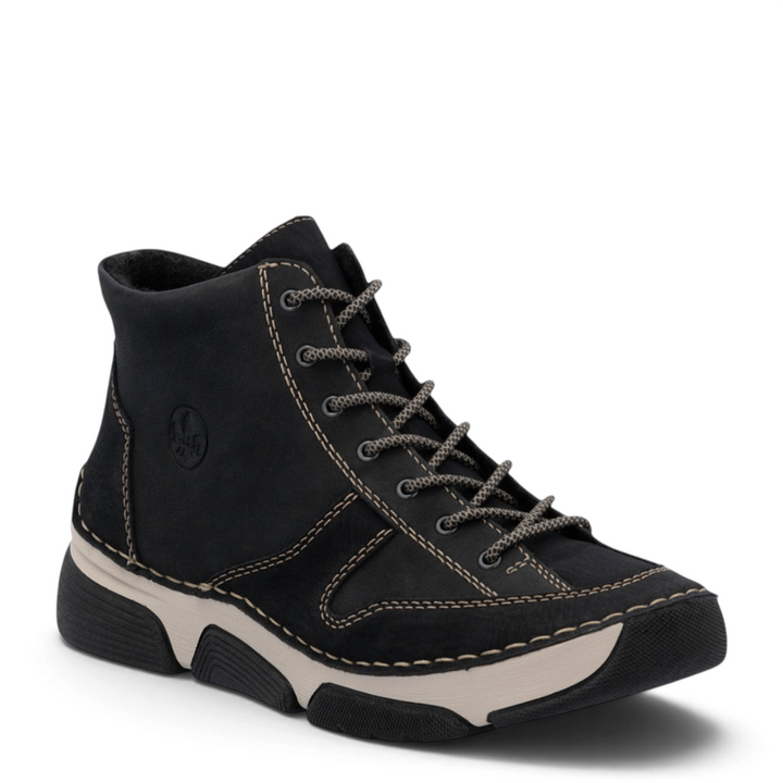 ada-shoes.ro Rieker black nubuck leather casual ankle boots with cream contrast stitching and flexible bicolor sole