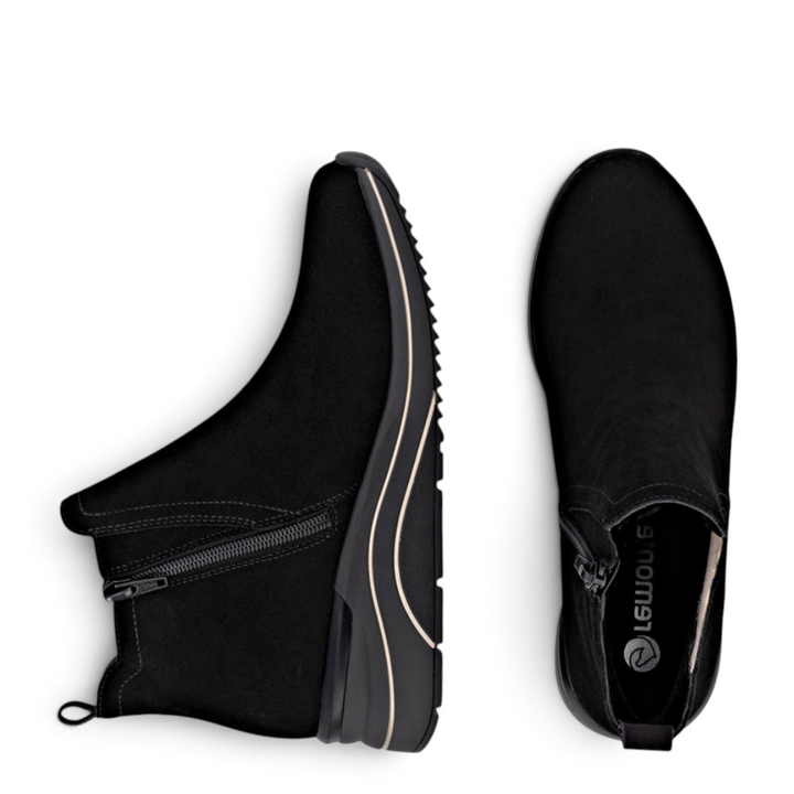 ada-shoes.ro Remonte black suede sneaker boots with side zipper and metallic sole details, side and top view