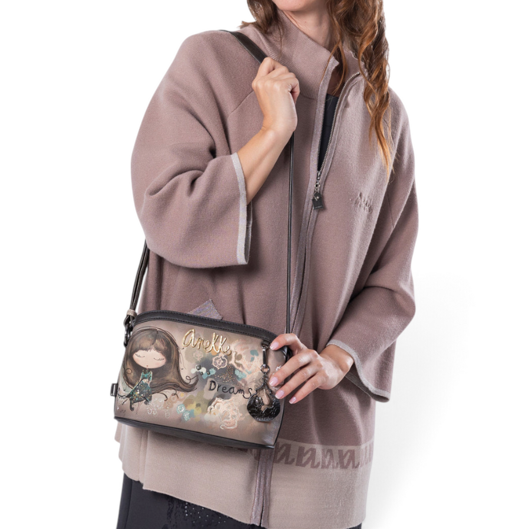 ada-shoes.ro Anekke Dreamverse crossbody bag in taupe and brown with artistic illustration and adjustable shoulder strap