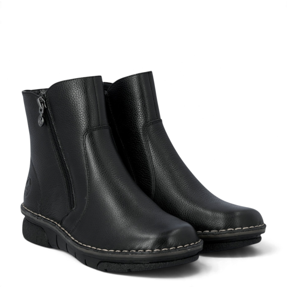 ada-shoes.ro Rieker black casual ankle boots with side zipper, textured synthetic leather, and Antistress sole.