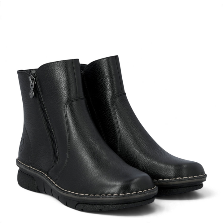 ada-shoes.ro Rieker black casual ankle boots with side zipper, textured synthetic leather, and Antistress sole.