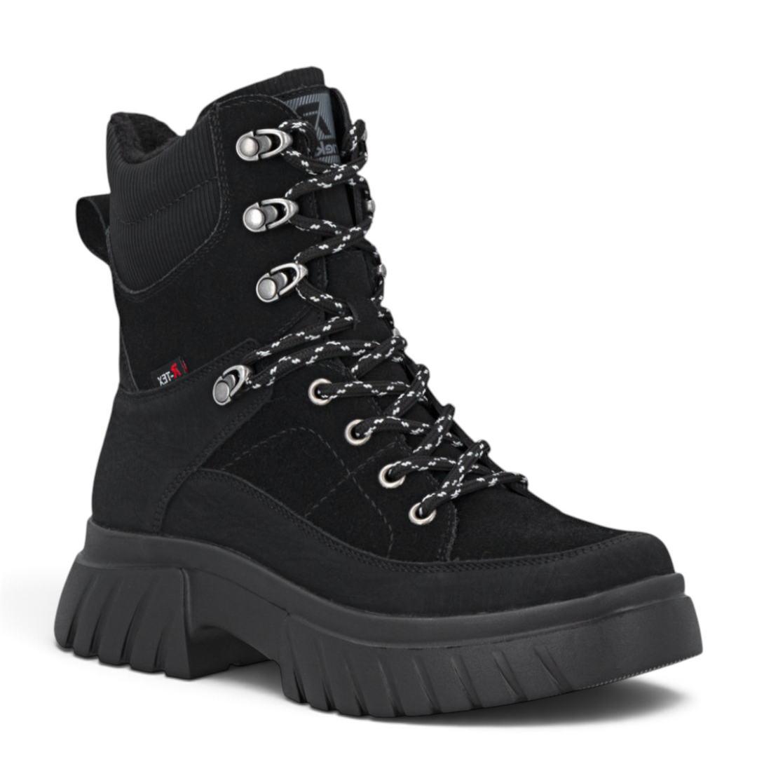 ada-shoes.ro Rieker black waterproof ankle boots with Rieker Tex technology, lace-up front, and chunky lug sole.