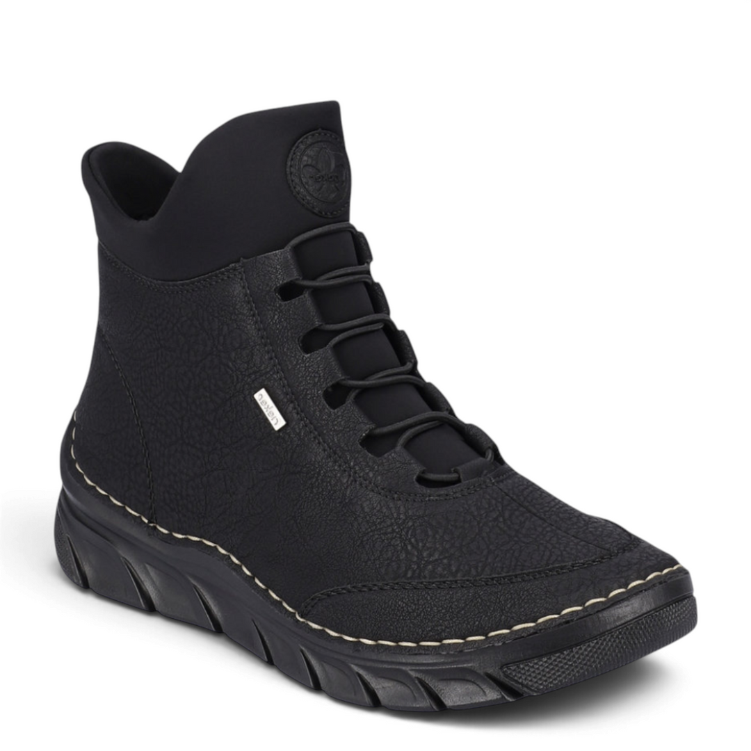 ada-shoes.ro Rieker black casual ankle boots with elastic laces, textured synthetic leather, and flexible sole