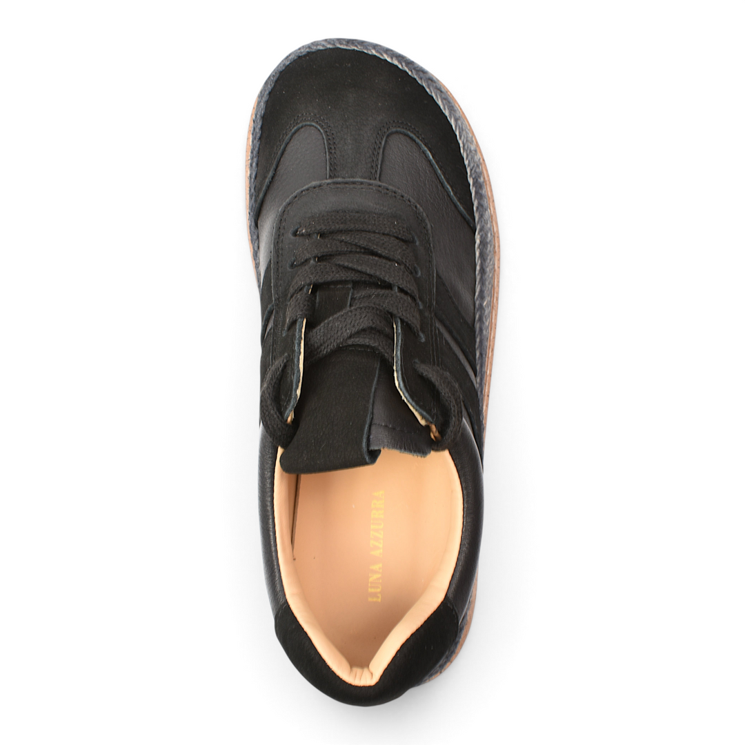 ada-shoes.ro Franco Gerardo black suede sneakers with lace-up closure and braided sole detail, top view.