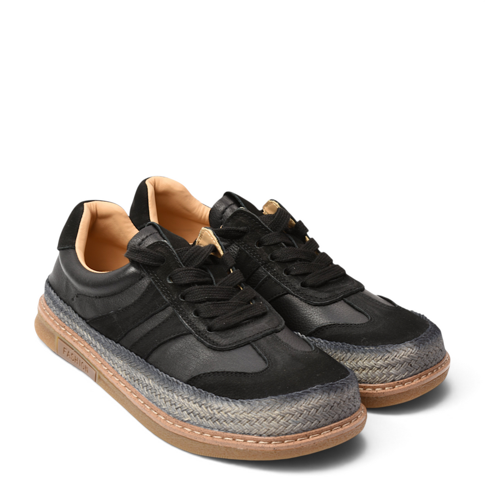 ada-shoes.ro Franco Gerardo black suede sneakers with a braided espadrille-style sole and lace-up closure.