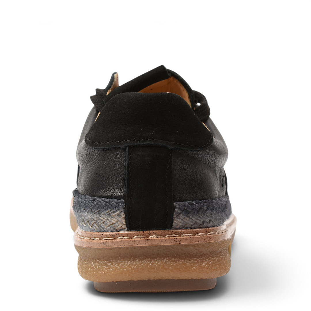 ada-shoes.ro Franco Gerardo black suede sneakers with a braided espadrille-style sole detail, rear view.
