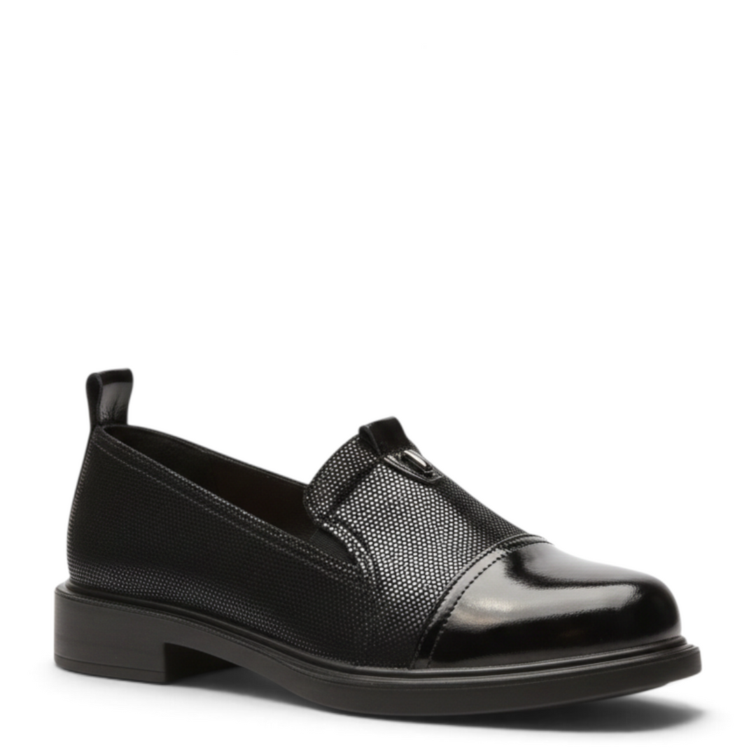 ada-shoes.ro Pass Collection black casual slip-on shoes with a textured leather finish and patent leather toe cap.