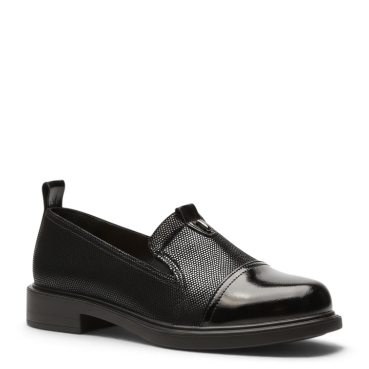 ada-shoes.ro Pass Collection black casual slip-on shoes with a textured leather finish and patent leather toe cap.