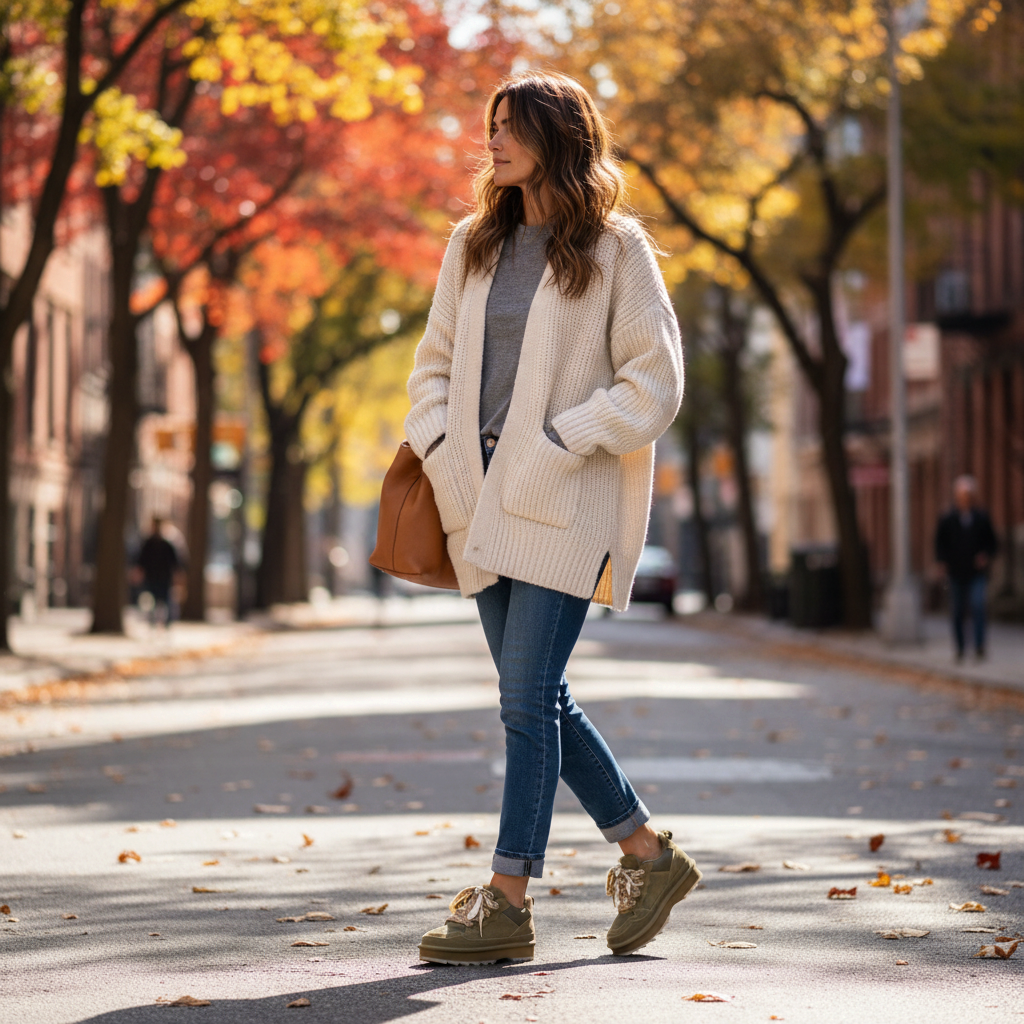 Woman wearing khaki Anna Viotti sneakers with chunky platform soles and patterned laces on an autumn street