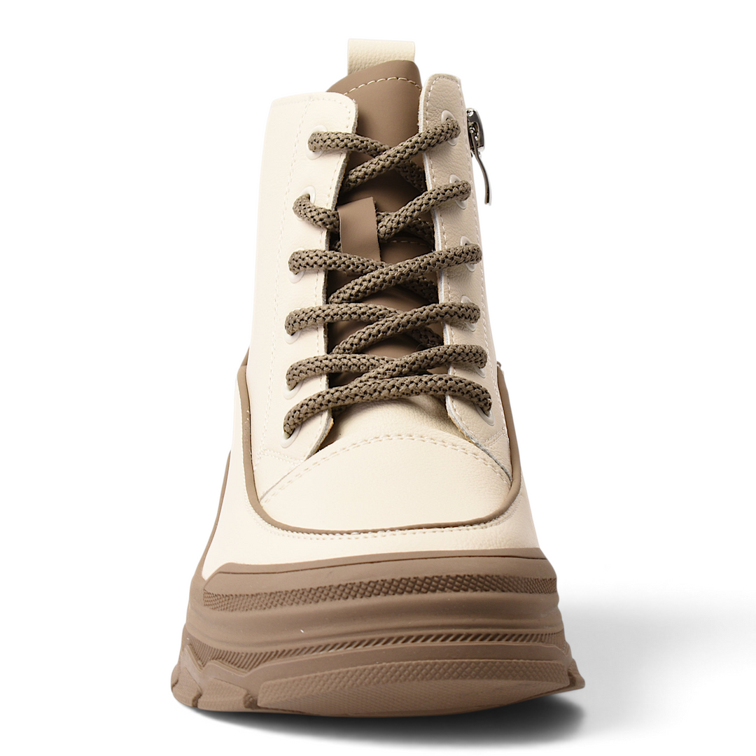 ada-shoes.ro cream leather chunky sole urban boots with brown laces and front view