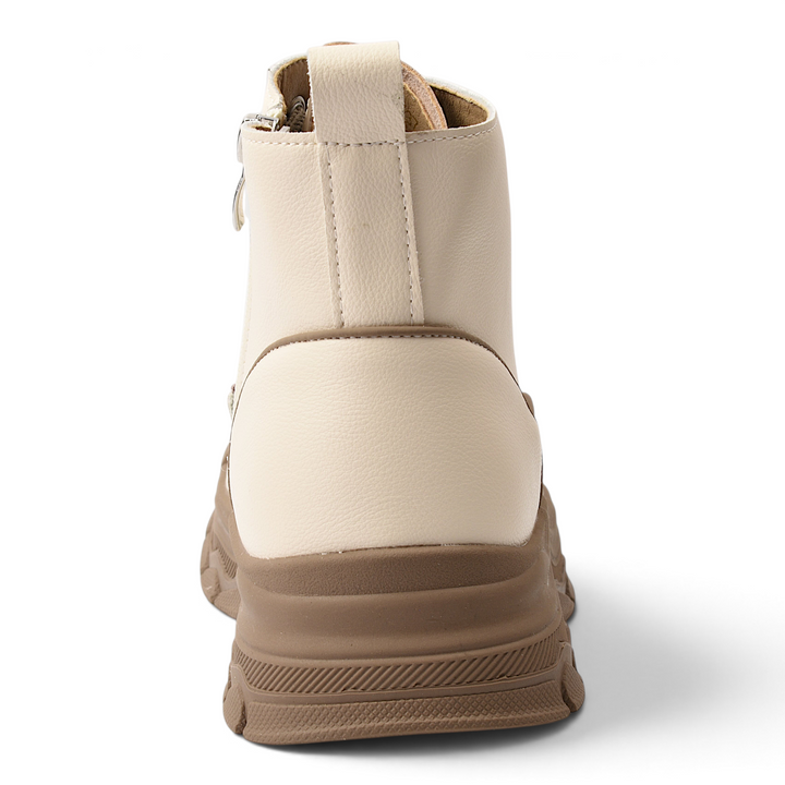 ada-shoes.ro cream leather ankle boots with a chunky brown sole, viewed from the back with a pull tab.
