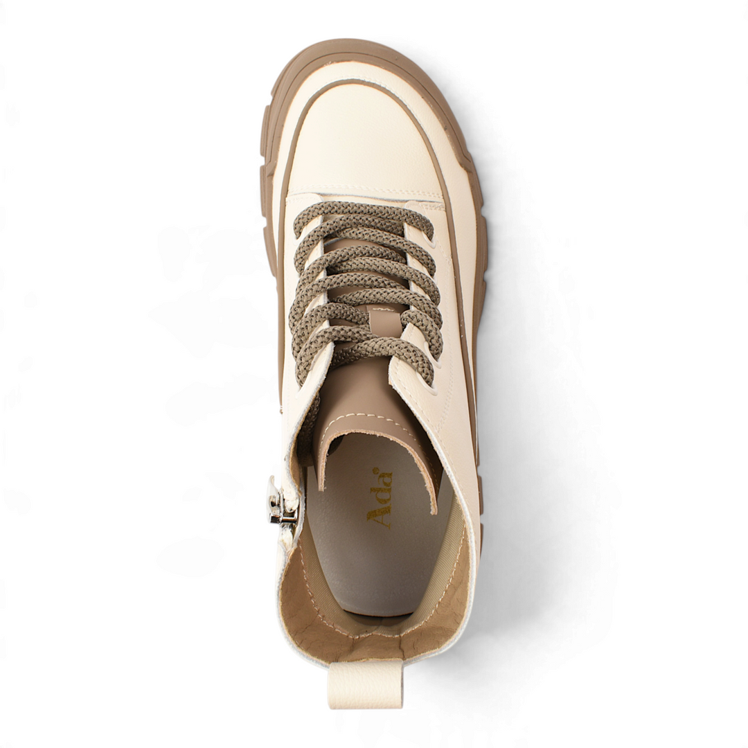 ada-shoes.ro cream leather chunky sole lace-up boots with a top-down view showing the interior and laces