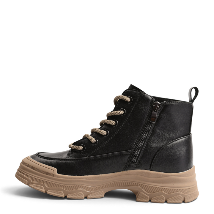 ada-shoes.ro black leather ankle boots with chunky beige sole, side zipper, and contrasting laces for a casual look