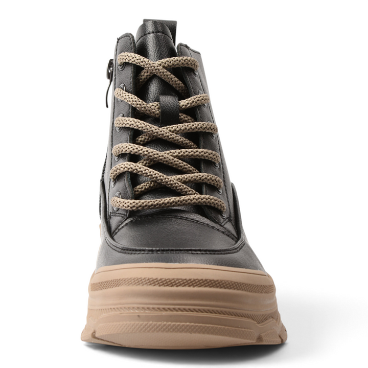 ada-shoes.ro black leather ankle boots with chunky beige sole and contrasting laces, front view