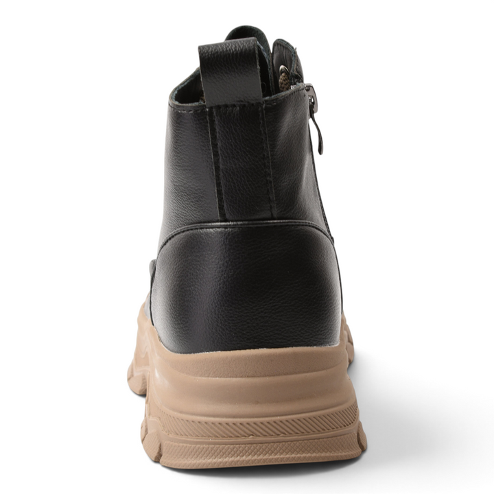ada-shoes.ro black leather ankle boots with a chunky beige sole, viewed from the back with a side zipper detail.