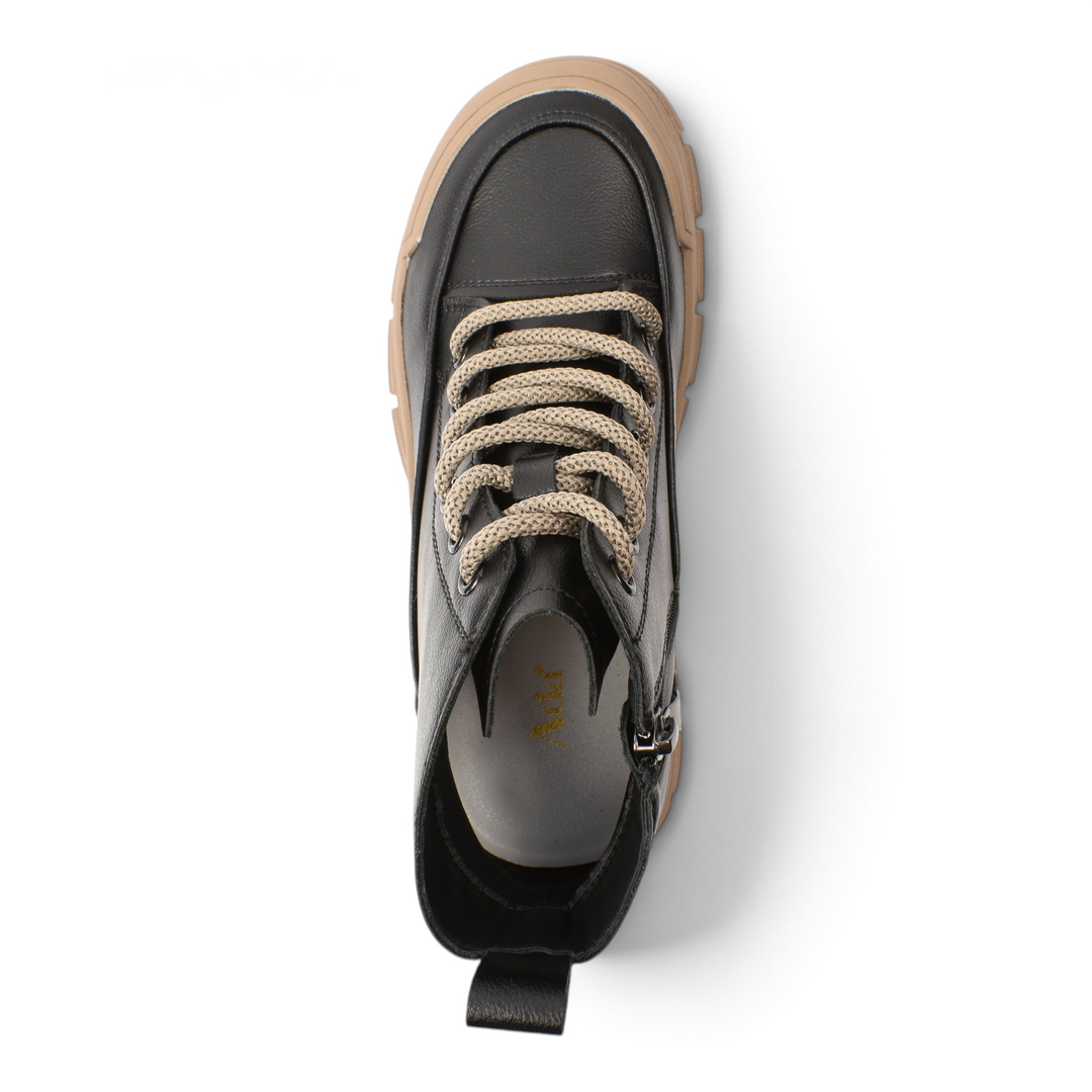 ada-shoes.ro black leather ankle boots with chunky beige soles and contrasting laces, top-down view.