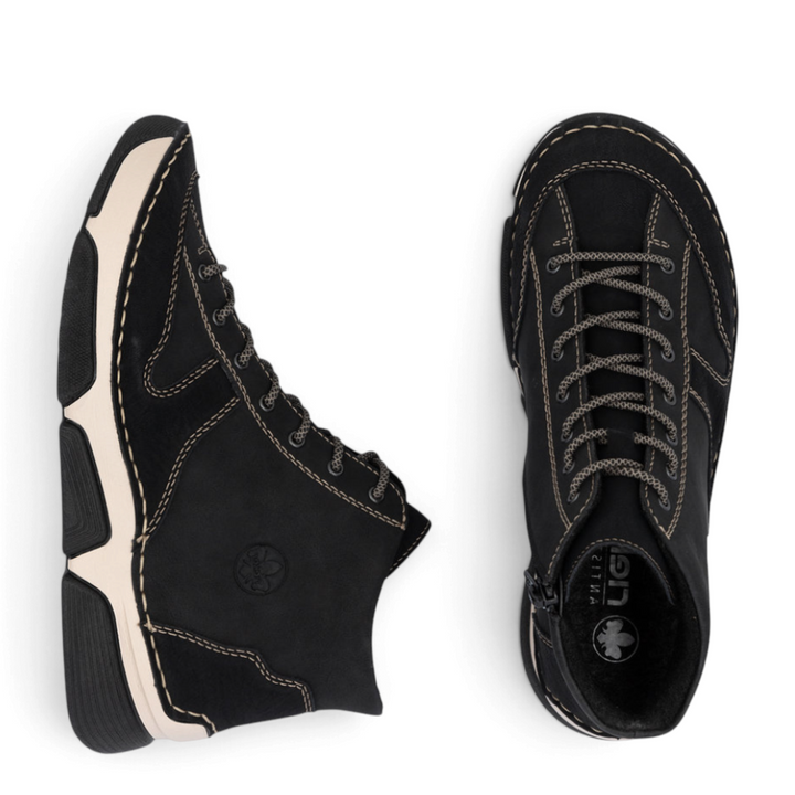 ada-shoes.ro Rieker black nubuck leather casual boots with cream contrast stitching and flexible bicolor soles