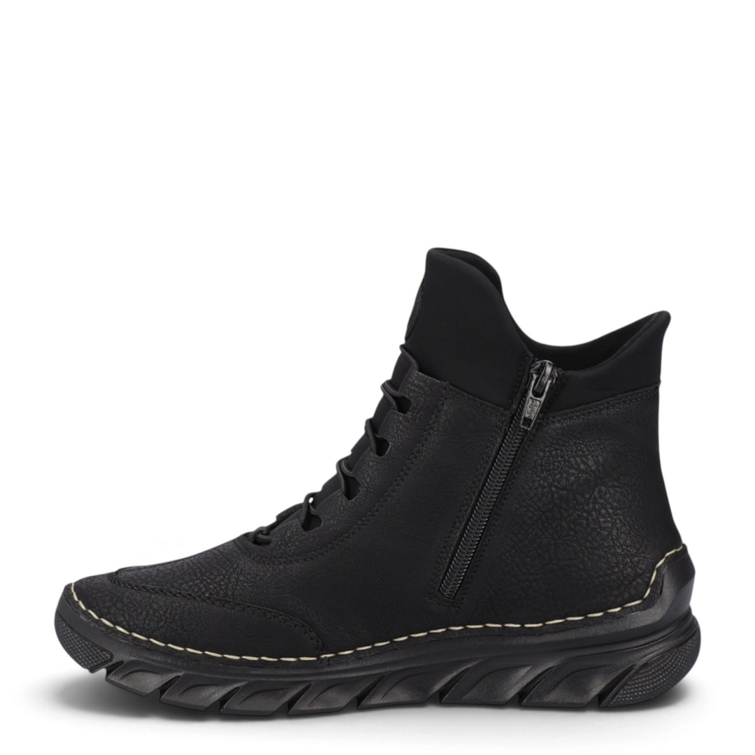 ada-shoes.ro Rieker black casual ankle boots with side zipper, elastic collar, and textured synthetic leather finish
