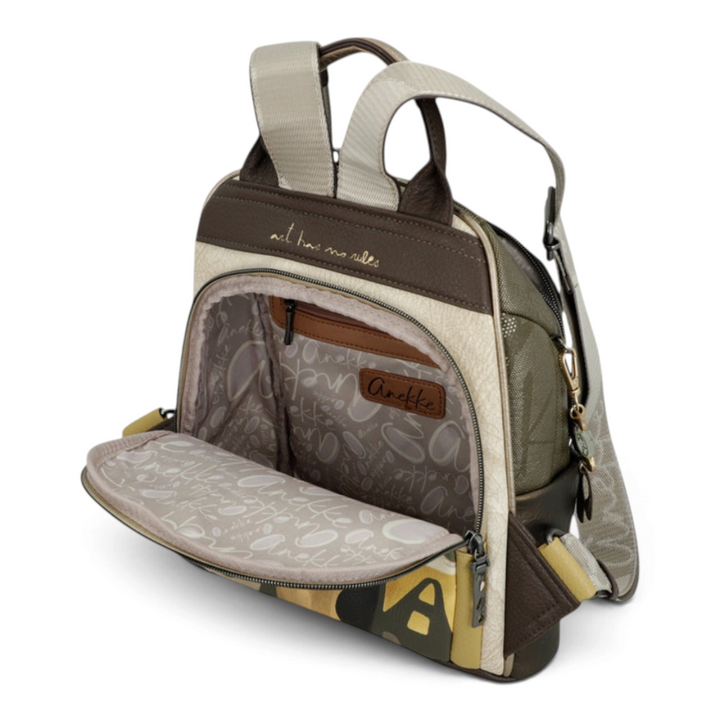 ada-shoes.ro Anekke urban backpack in olive green and brown faux leather with front pocket and gold logo details
