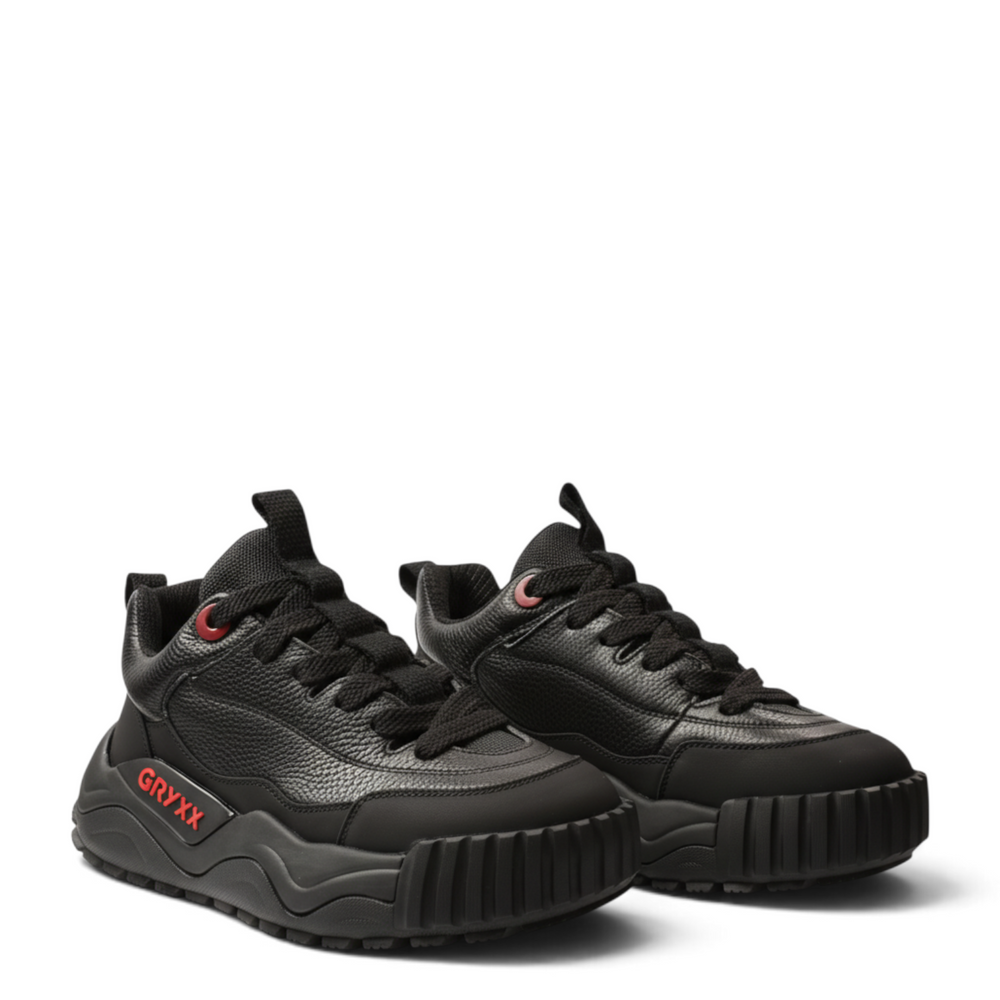 ada-shoes.ro Gryxx JS90003A black leather sneakers with chunky platform soles and red logo detailing