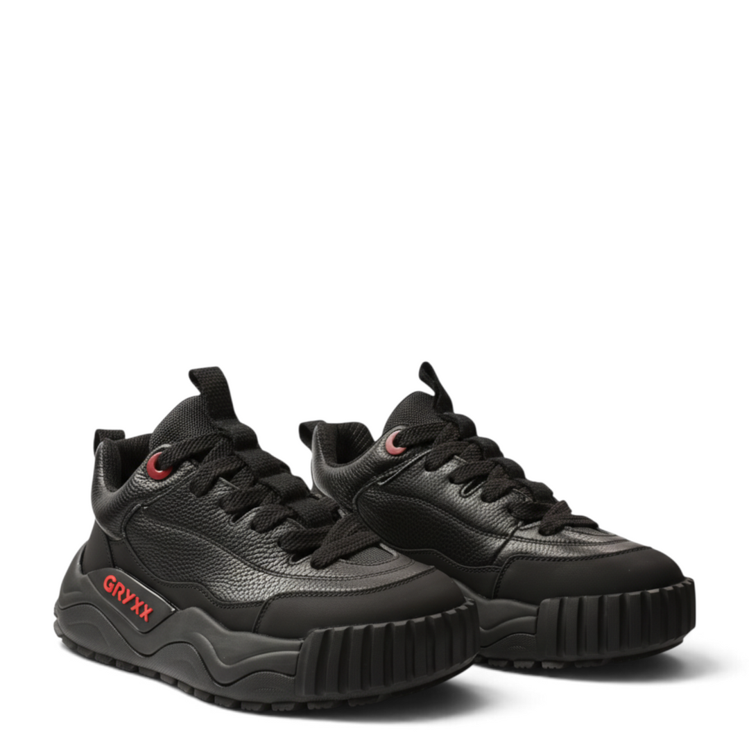 ada-shoes.ro Gryxx JS90003A black leather sneakers with chunky platform soles and red logo detailing