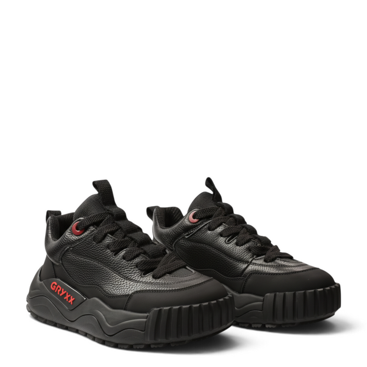 ada-shoes.ro Gryxx JS90003A black leather sneakers with chunky platform soles and red logo detailing