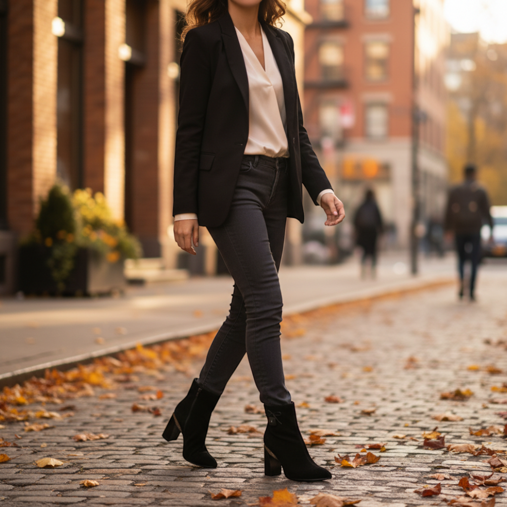 ada-shoes.ro Anna Viotti black suede ankle boots with bow detail and block heel worn by a woman on a city street