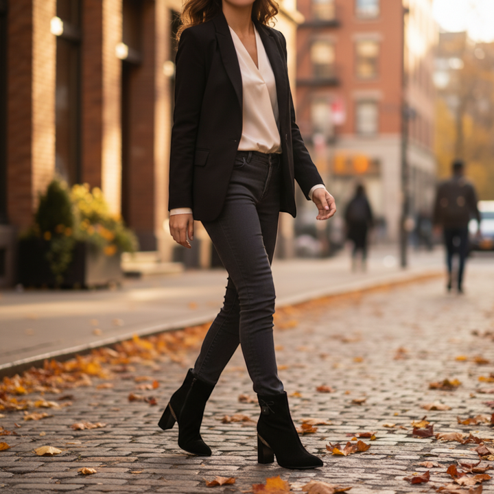 ada-shoes.ro Anna Viotti black suede ankle boots with bow detail and block heel worn by a woman on a city street
