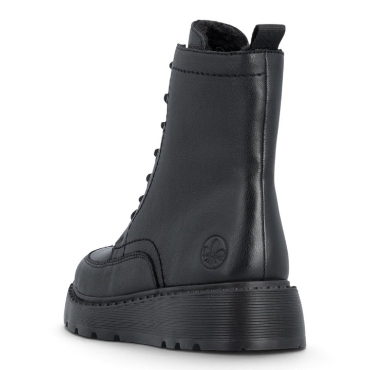 ada-shoes.ro black Rieker combat boots with thick platform sole, lace-up front, and side zipper for women