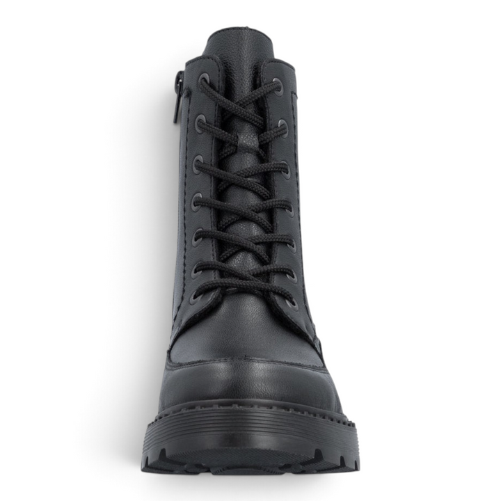 ada-shoes.ro Rieker 70410-00 black combat boots with lace-up front, side zipper, and thick lug sole for winter comfort.