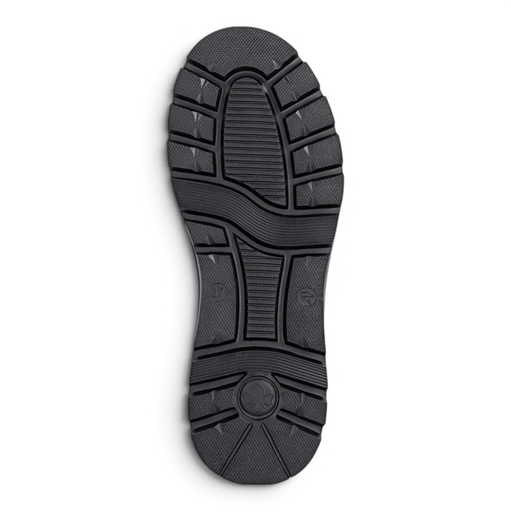 Black Rieker Antistress combat boot sole with a thick, textured, non-slip tread pattern from ada-shoes.ro
