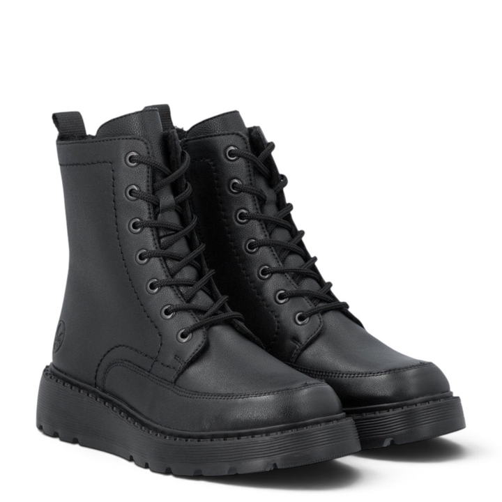 ada-shoes.ro Rieker 70410-00 black combat boots with lace-up front, side zipper, and thick lug sole for winter comfort