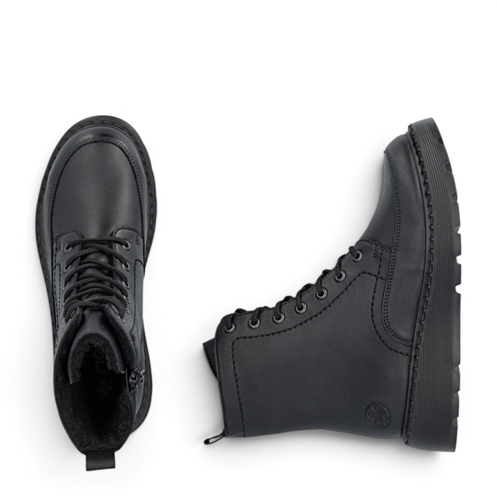 ada-shoes.ro black Rieker combat boots with lace-up front, side zipper, and thick Antistress platform sole