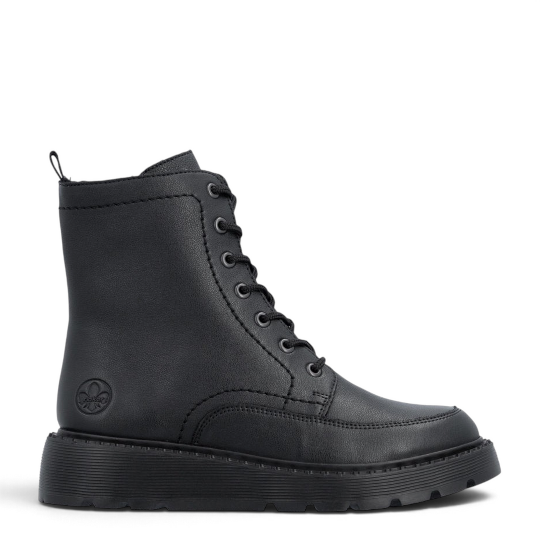 ada-shoes.ro black combat boots for women with lace-up front, side zipper, and thick Rieker Antistress platform sole
