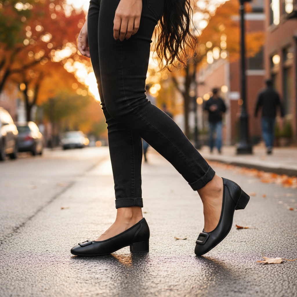ada-shoes.ro Rieker black leather ballet flats with a small block heel and decorative buckle worn on a city street