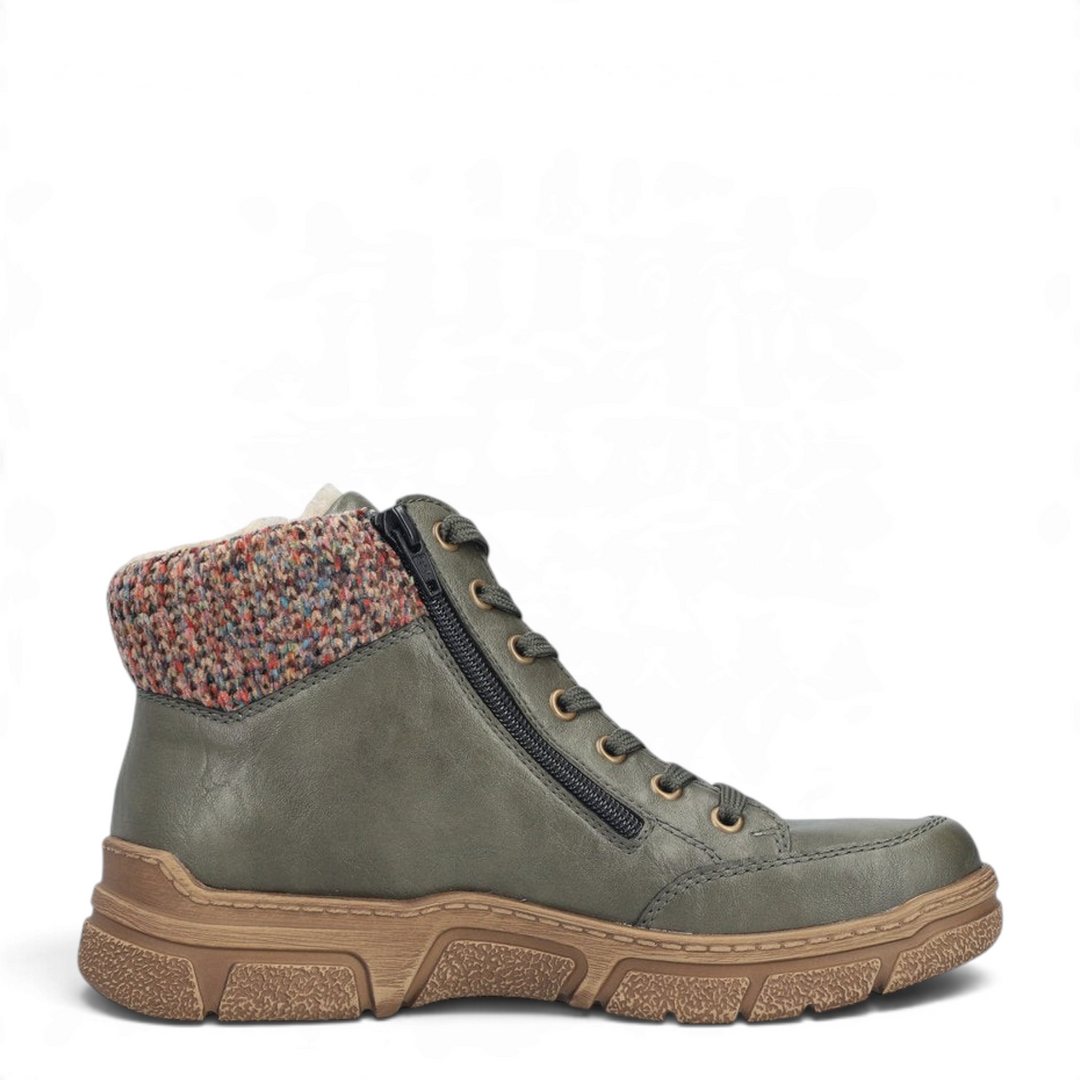 ada-shoes.ro olive green Rieker ankle boots with a multicolor knit collar, side zipper, and brown lug sole.
