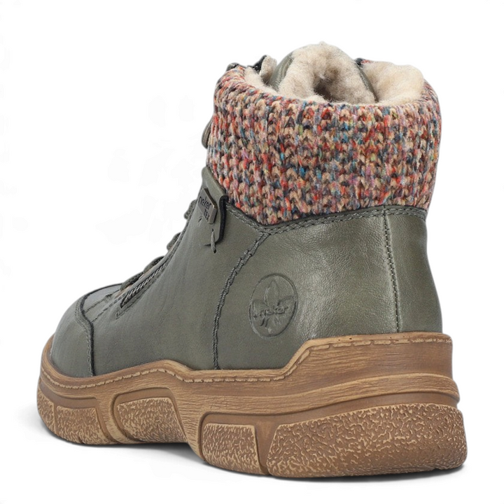 ada-shoes.ro olive green Rieker ankle boots with a multicolor knit collar, faux fur lining, and brown rubber sole.