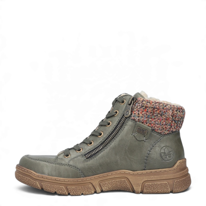ada-shoes.ro Rieker olive green ankle boots with a multicolor knit collar, side zipper, and brown lug sole.