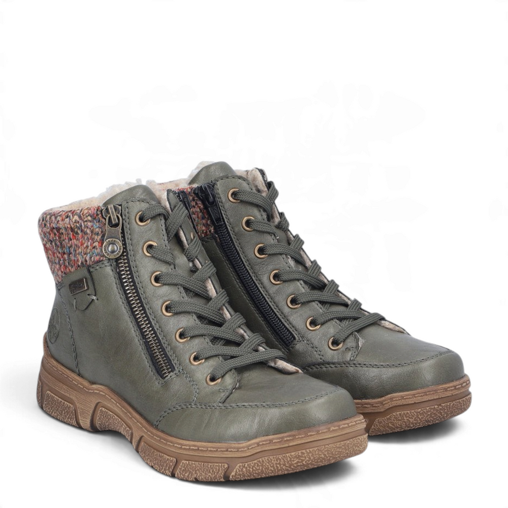 ada-shoes.ro Rieker olive green winter boots with faux fur lining, knit collar, and side zipper for women