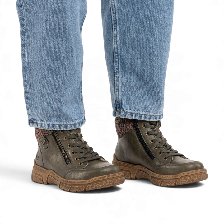 ada-shoes.ro Rieker olive green casual winter boots with knitted collar, side zipper, and brown anti-stress sole