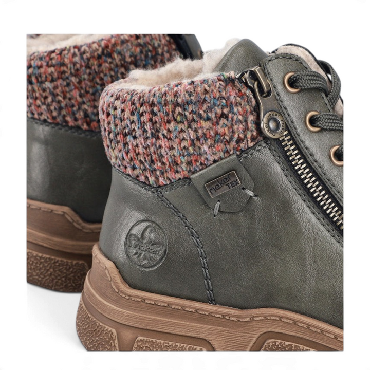 ada-shoes.ro Rieker olive green ankle boots with RiekerTEX membrane, faux fur lining, and multicolor knit collar