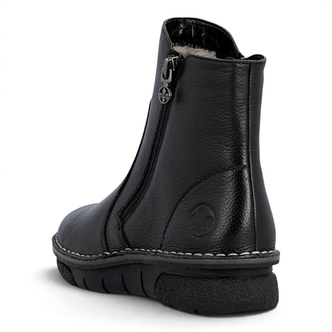 ada-shoes.ro Rieker black ankle boots with side zipper, textured faux leather, and Antistress sole, rear view